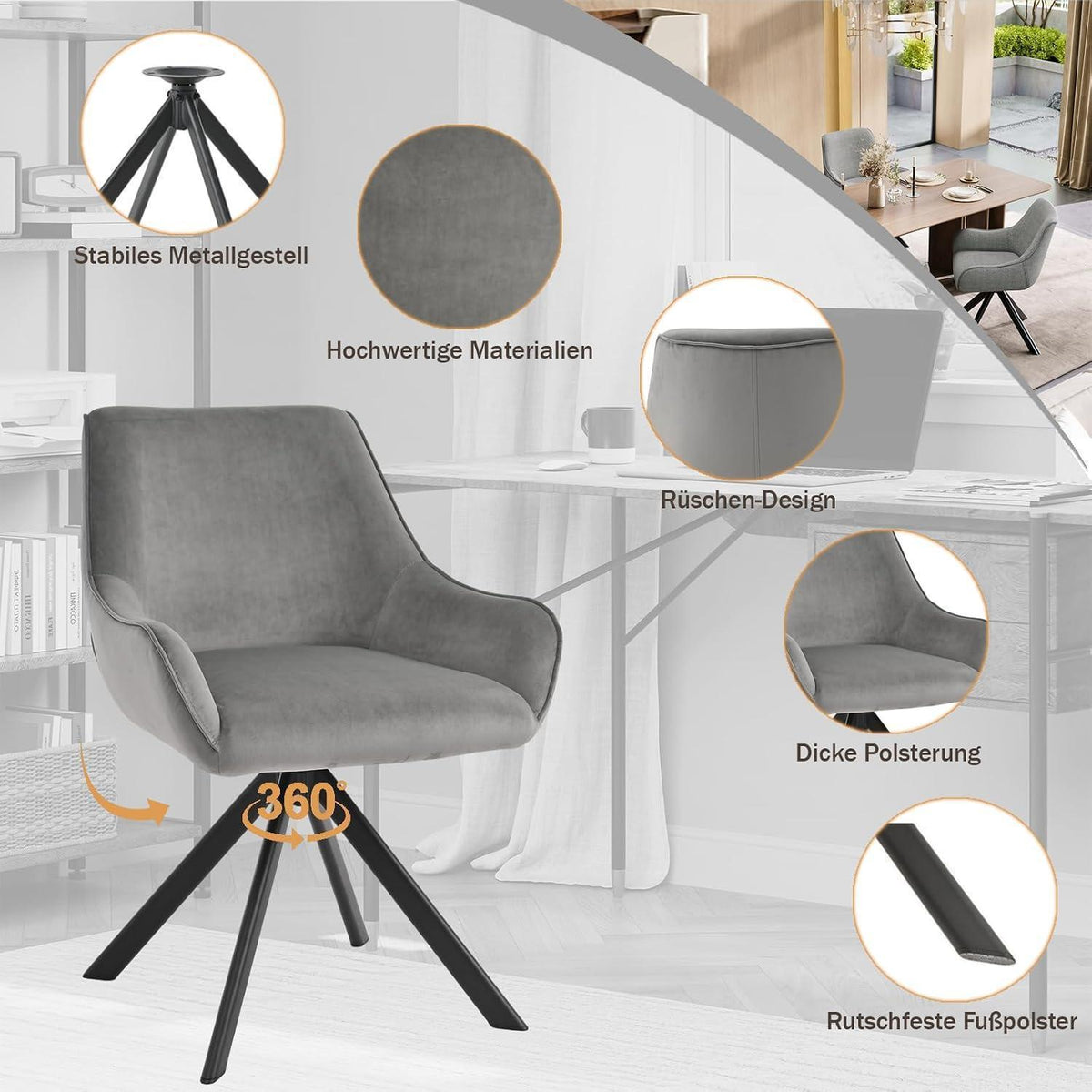 Drehbarer Esszimmerstuhl Set 6er – Samt, Hellgrau, Modern