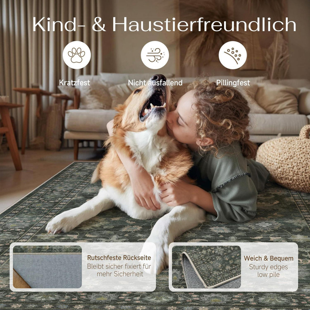 Waschbarer Teppich Grün 300x400cm – Vintage Wohnzimmerteppich