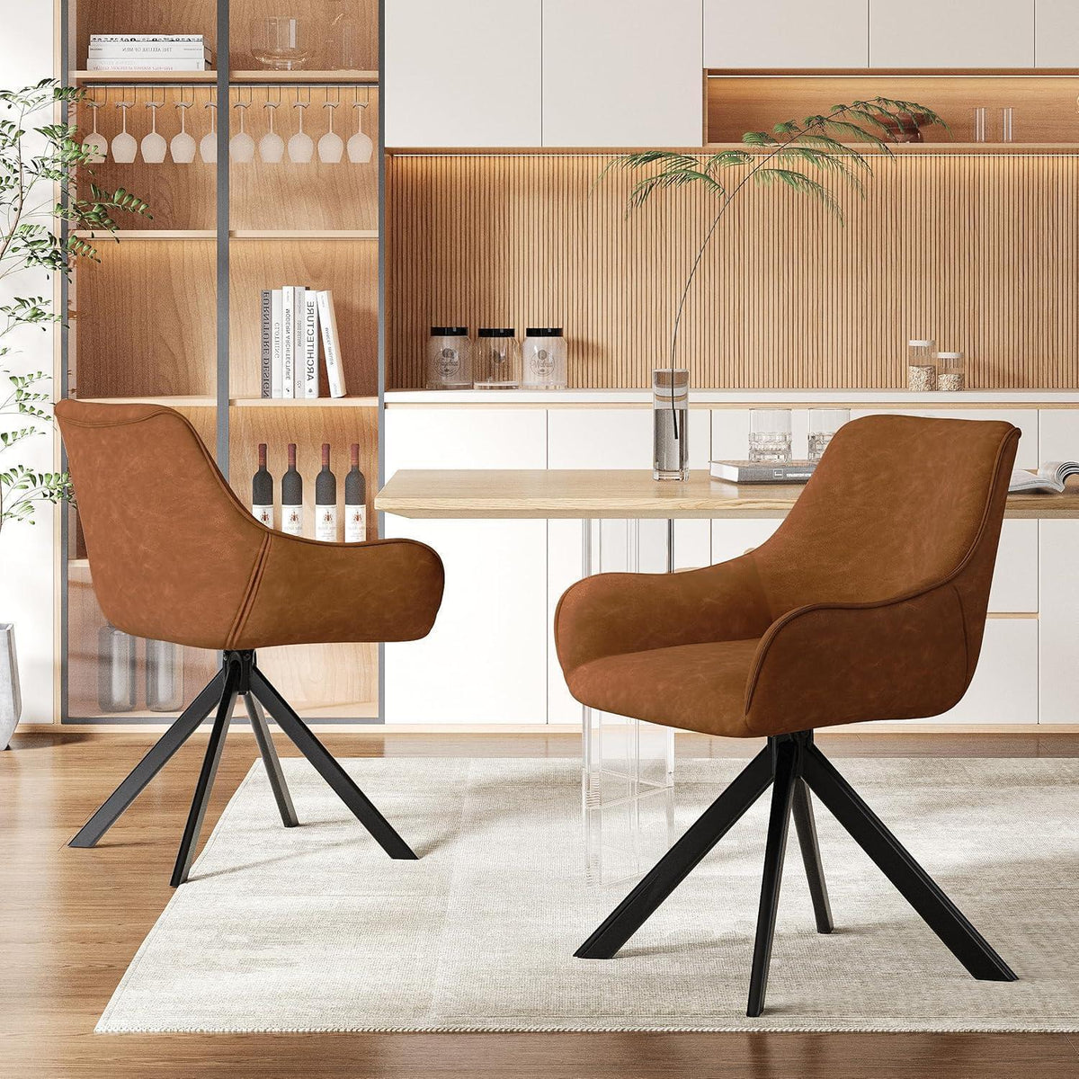 Drehbarer Esszimmerstuhl Set 4er – Braun, Metallgestell in Lederoptik