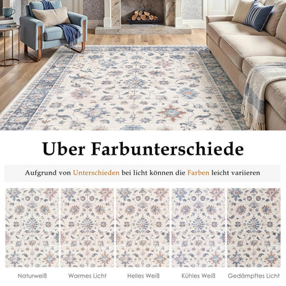 Waschbarer Teppich Blau & Weiß 300x400cm – Vintage Wohnzimmerteppich