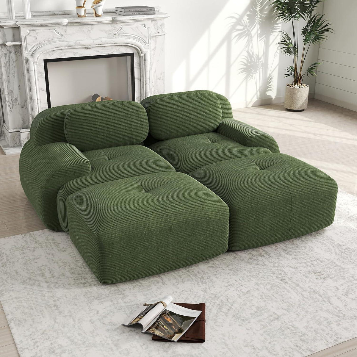 2-4 Sitzer Cord Sofa Grün – Modulares Wohnzimmer Sofa mit Hockern