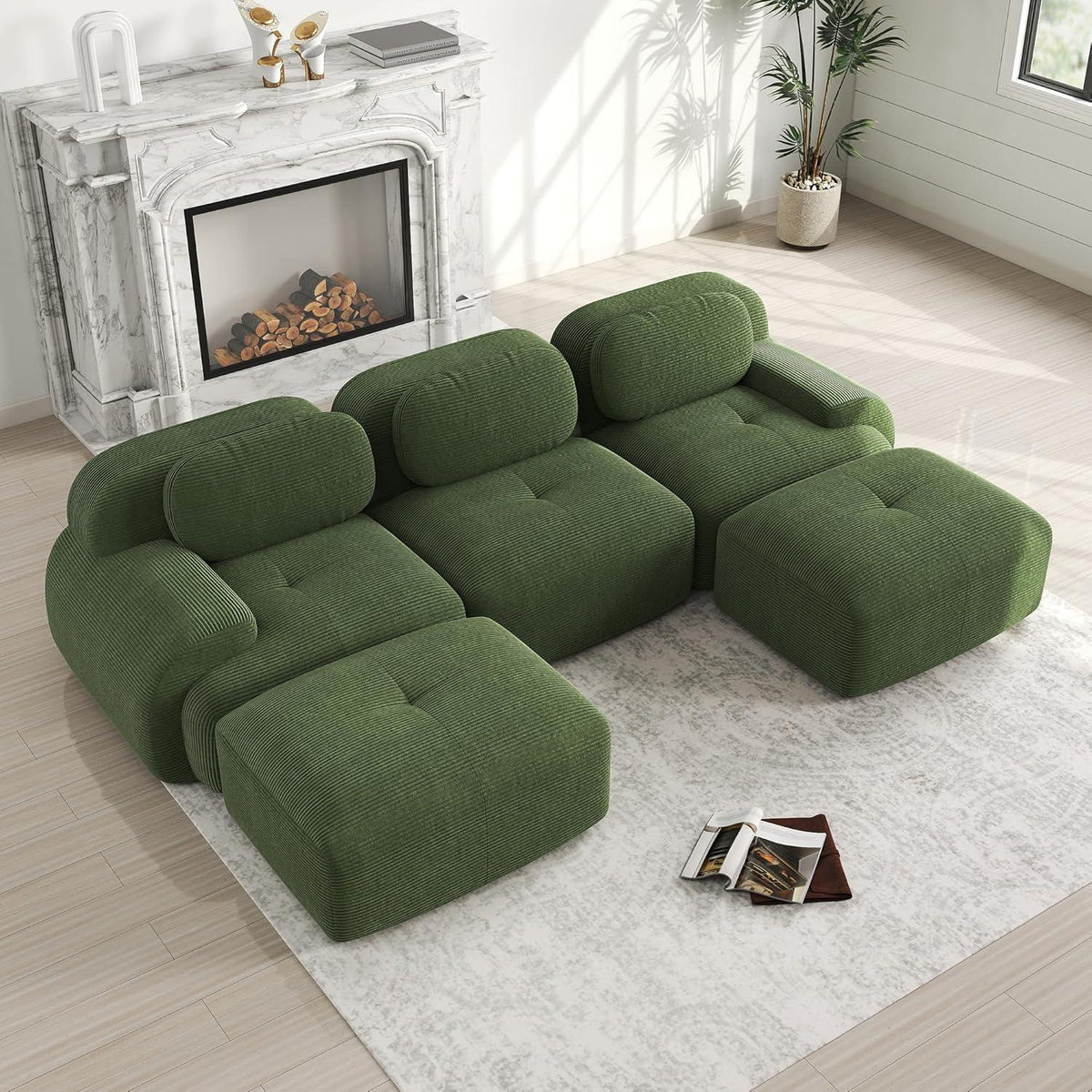 Grünes U-förmiges Sofa mit Cordstoff (3-Sitzer + 2 Hocker)