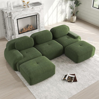 Grünes U-förmiges Sofa mit Cordstoff (3-Sitzer + 2 Hocker)