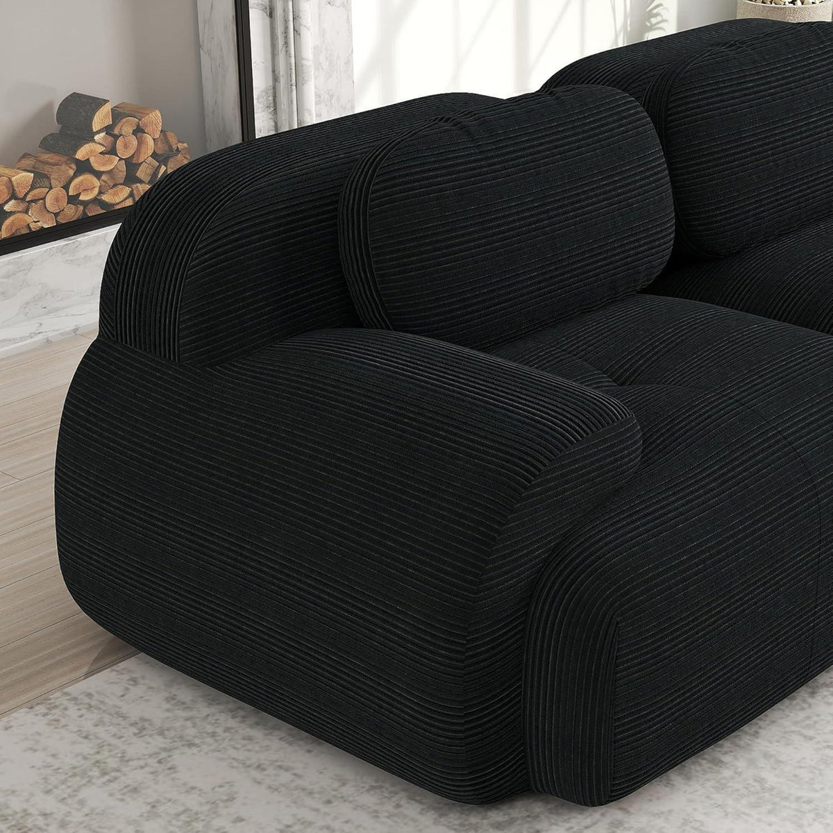 Modulares 2-3 Sitzer Cord Sofa Schwarz mit Hocker