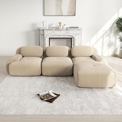 Modulares L-Form Sofa Cord Stoff Beige (3-Sitzer + Hocker)