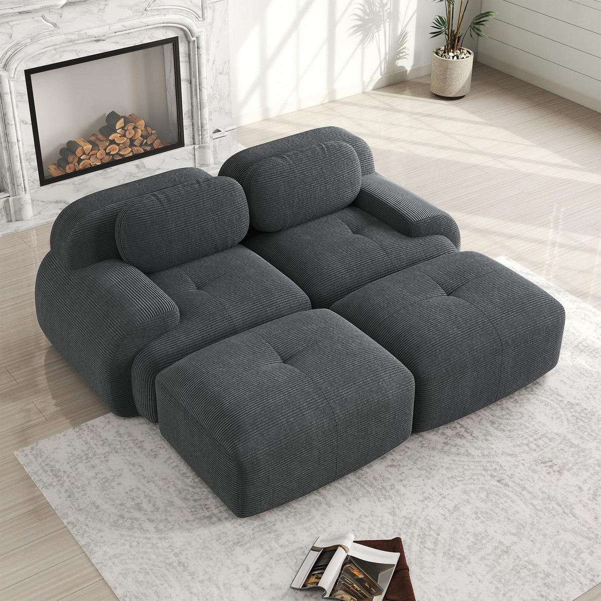 2-4 Sitzer Cord Sofa Grau – Modulares Wohnzimmer Sofa mit Hockern