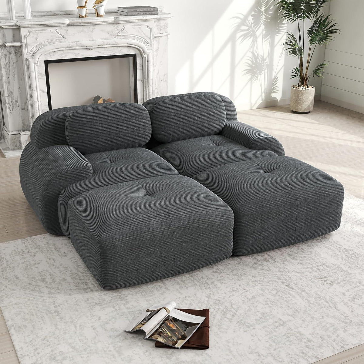 2-4 Sitzer Cord Sofa Grau – Modulares Wohnzimmer Sofa mit Hockern