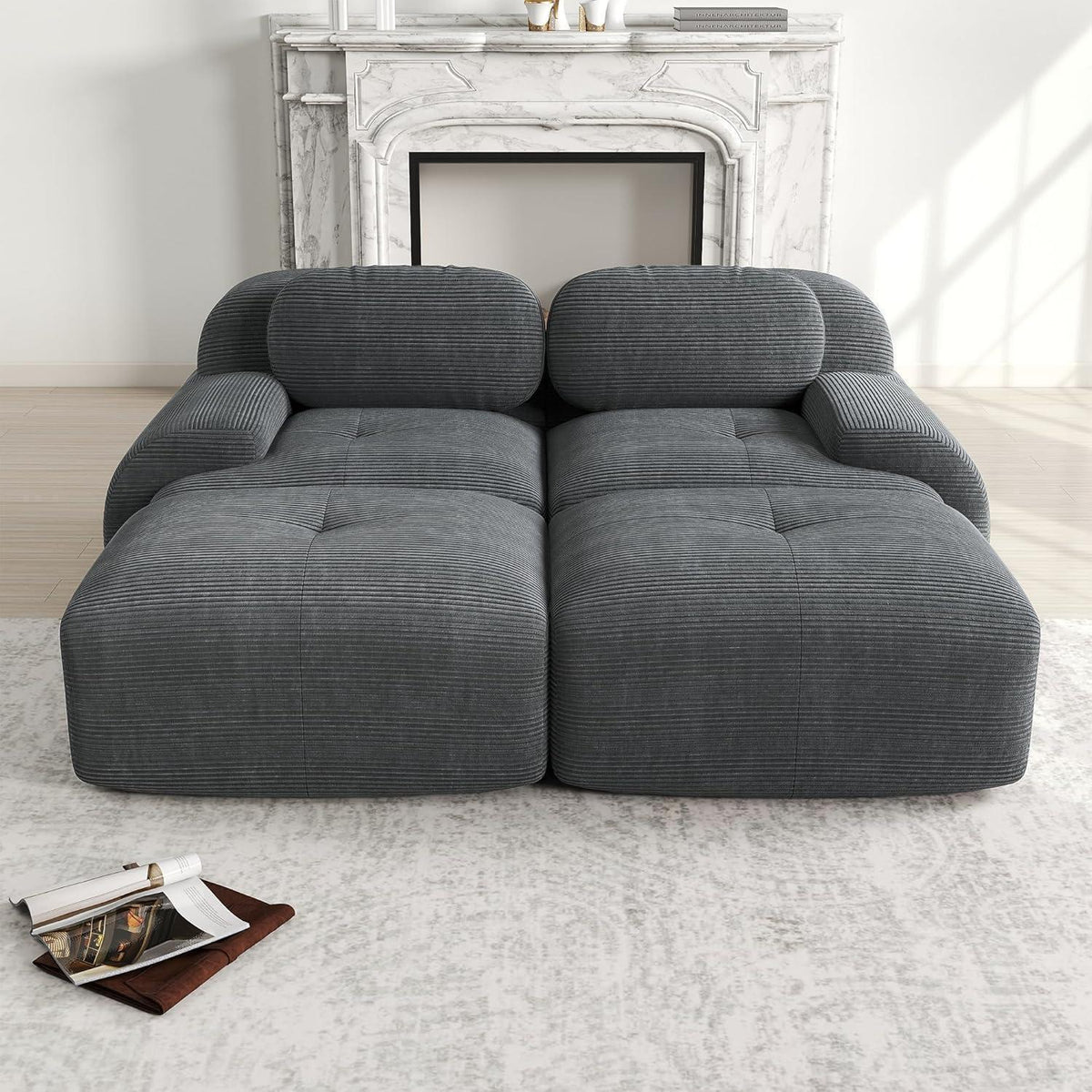 2-4 Sitzer Cord Sofa Grau – Modulares Wohnzimmer Sofa mit Hockern
