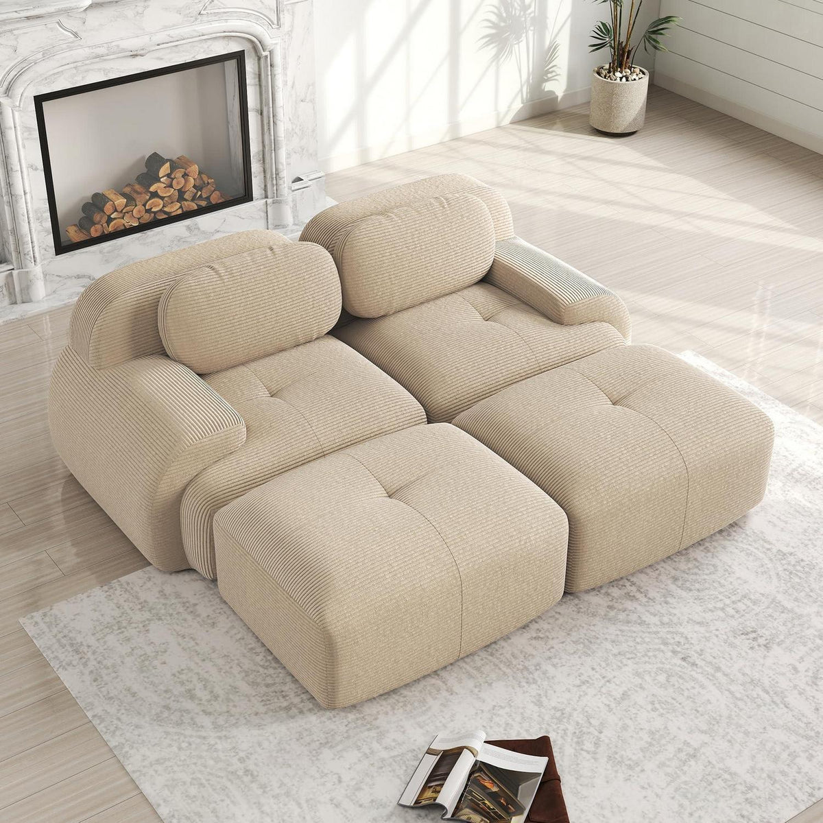 2-4 Sitzer Cord Sofa mit Hockern – Beige Wohnzimmer Couch
