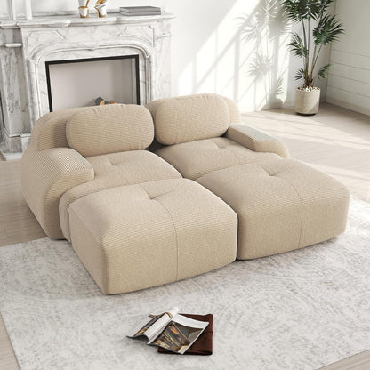 2-4 Sitzer Cord Sofa mit Hockern – Beige Wohnzimmer Couch