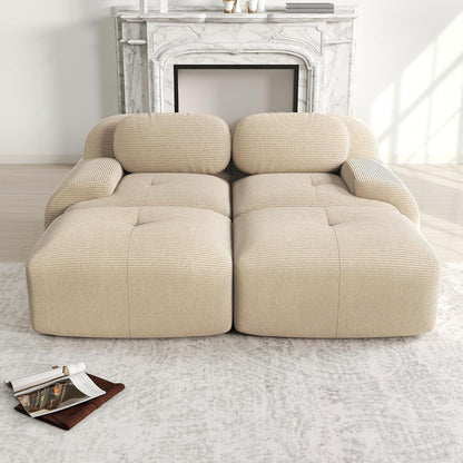 2-4 Sitzer Cord Sofa mit Hockern – Beige Wohnzimmer Couch