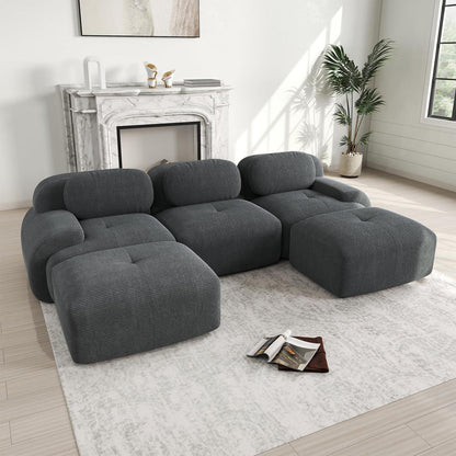 Graues U-förmiges Sofa mit Cordstoff – Modulares Wohnzimmer Sofa (3-Sitzer + 2 Hocker)