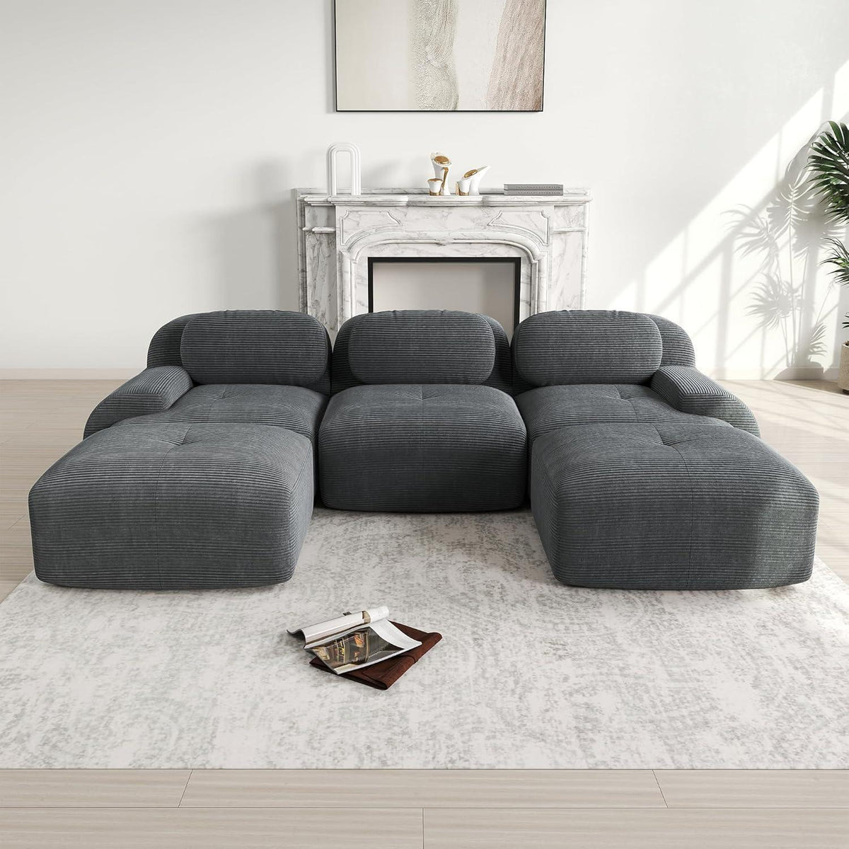Graues U-förmiges Sofa mit Cordstoff – Modulares Wohnzimmer Sofa (3-Sitzer + 2 Hocker)