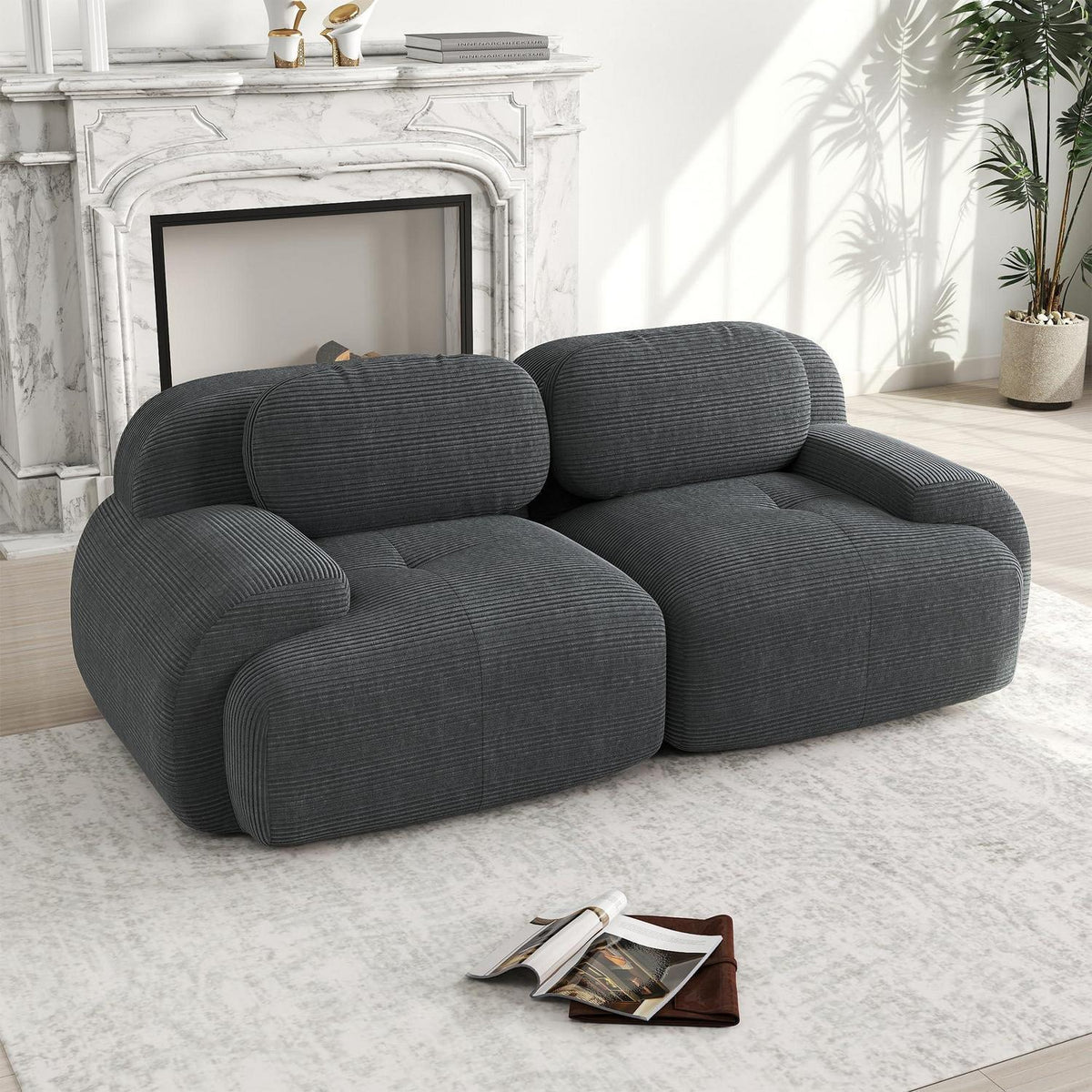 2-Sitzer Sofa Grau – Cord Stoff Couch für Wohnzimmer & Büro