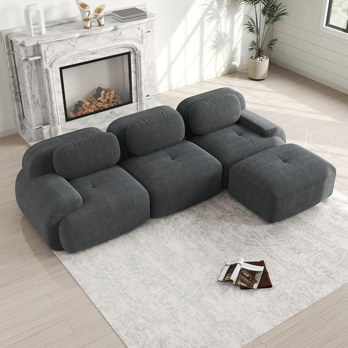 Modulares L-Form Sofa Grau mit Hocker – Cord Stoff für Wohnzimmer
