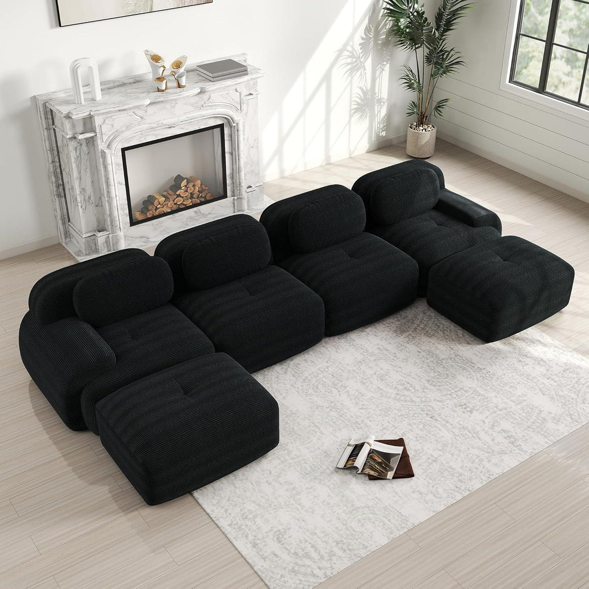 U-förmiges Cord Sofa (4-Sitzer + 2 Hocker) Schwarz