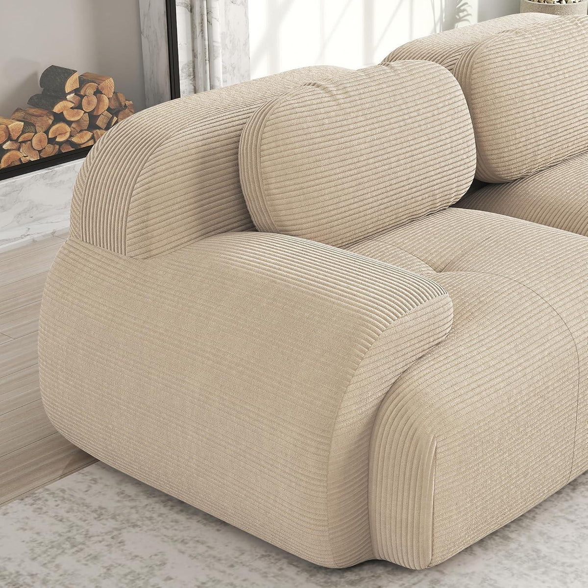 3-6 Sitzer Cord Sofa mit Hockern – Beige, Modular & Komfortabel