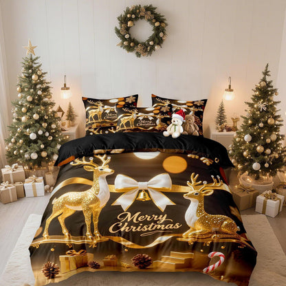 Weihnachts Bettwäsche Set 135x200cm - 4-teilig, Gold & Schwarz
