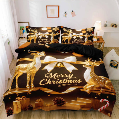 Weihnachts Bettwäsche Set 135x200cm - 4-teilig, Gold & Schwarz