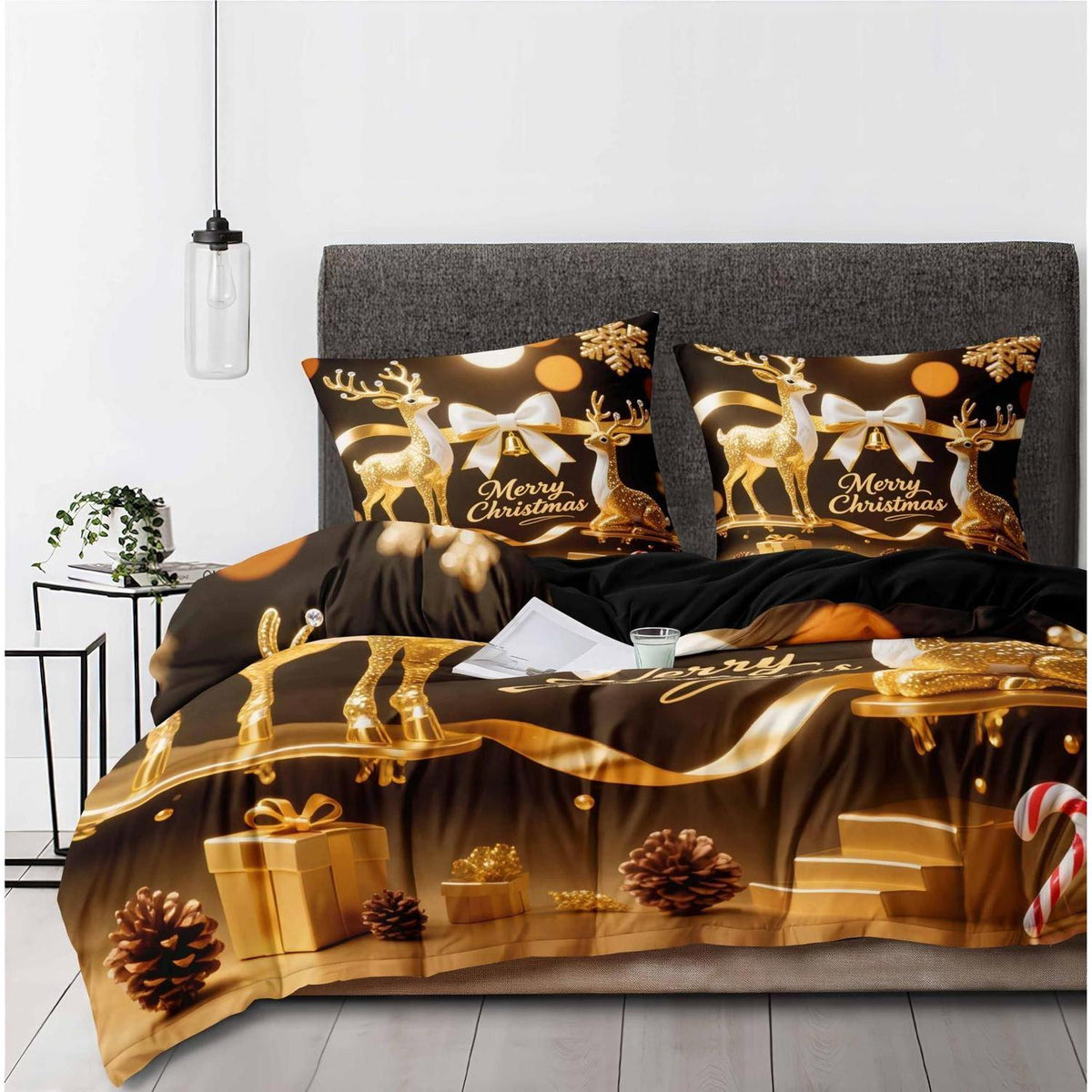 Weihnachts Bettwäsche Set 135x200cm - 4-teilig, Gold & Schwarz
