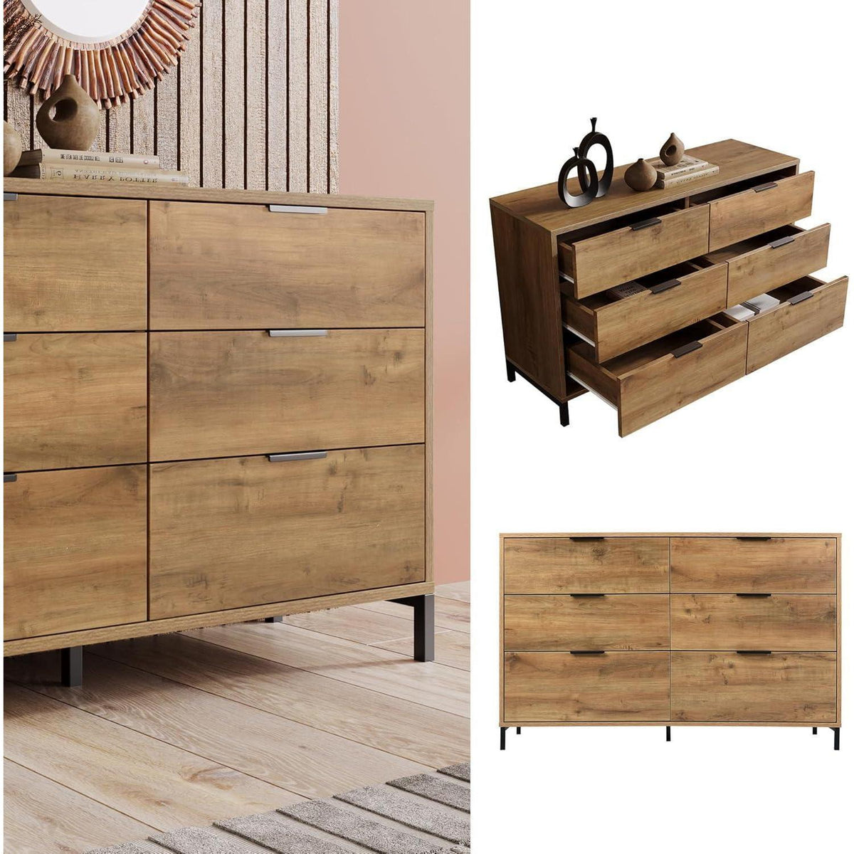 Sideboard Holz mit 6 Schubladen – Kommode für Schlafzimmer & Wohnzimmer