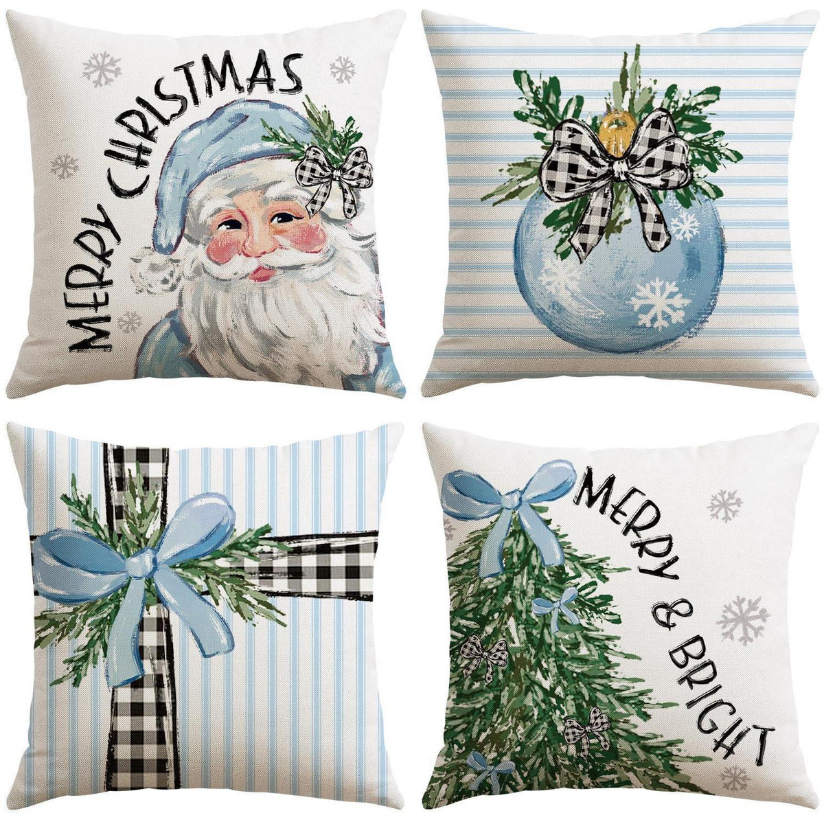 Weihnachtliche Kissenbezüge 4er-Set, 40x40cm, Weihnachtsmann & Baum