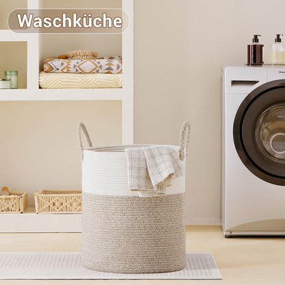 Geflochtener Wäschekorb 58L – Braun & Weiß mit Baumwollhenkeln