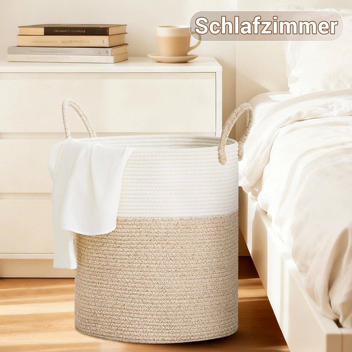 Geflochtener Wäschekorb 58L – Braun & Weiß mit Baumwollhenkeln