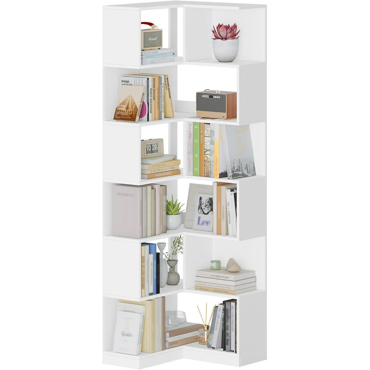 7-Stöckiges Eckregal Weiß – L-förmiges Bücherregal für Wohnzimmer