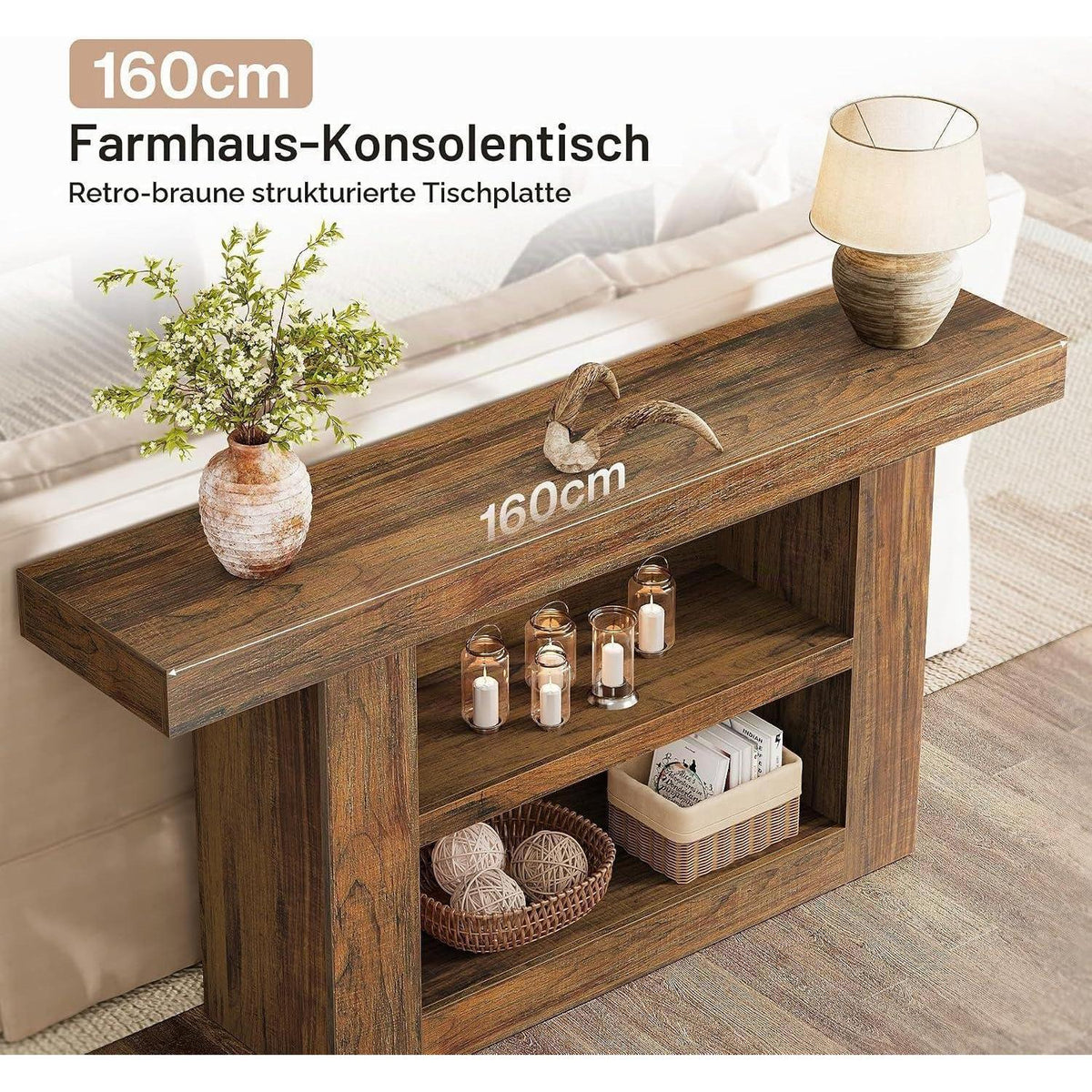 Konsolentisch 160cm – Beistelltisch mit 3 Etagen, Braun