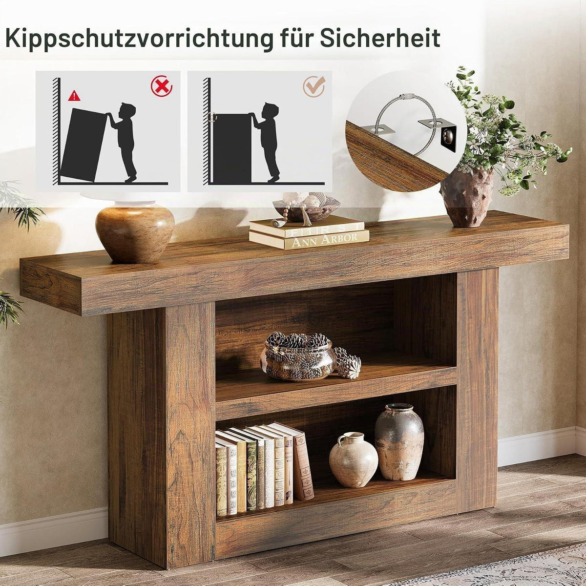 Konsolentisch 160cm – Beistelltisch mit 3 Etagen, Braun