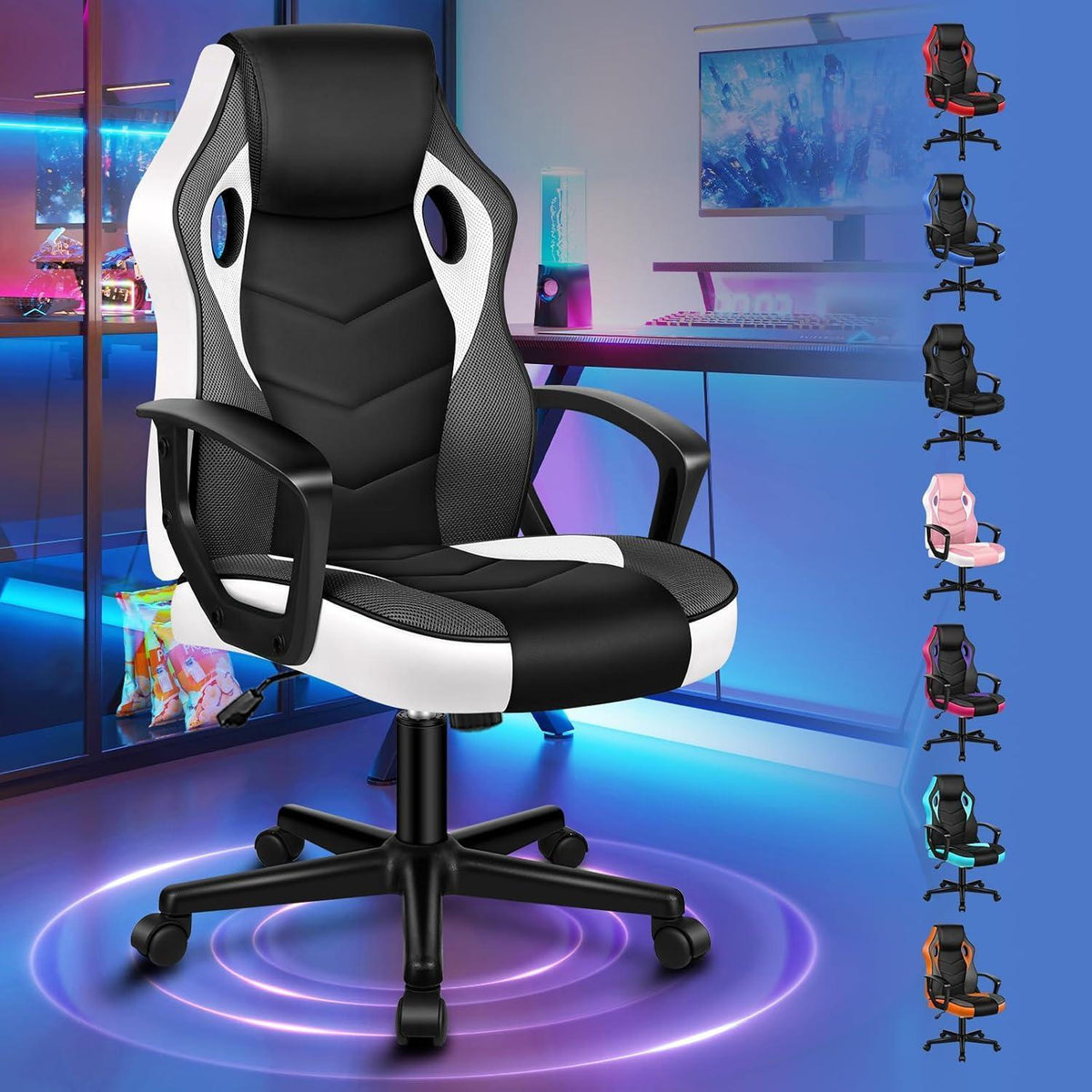 Ergonomischer Gaming-Stuhl mit mittlerer Rückenlehne, Weiß Mega