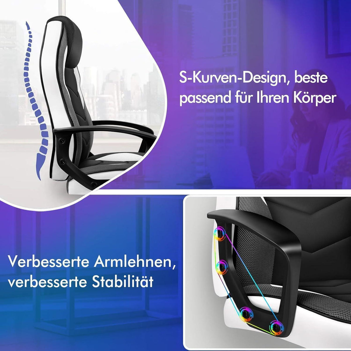 Ergonomischer Gaming-Stuhl mit mittlerer Rückenlehne, Weiß Mega