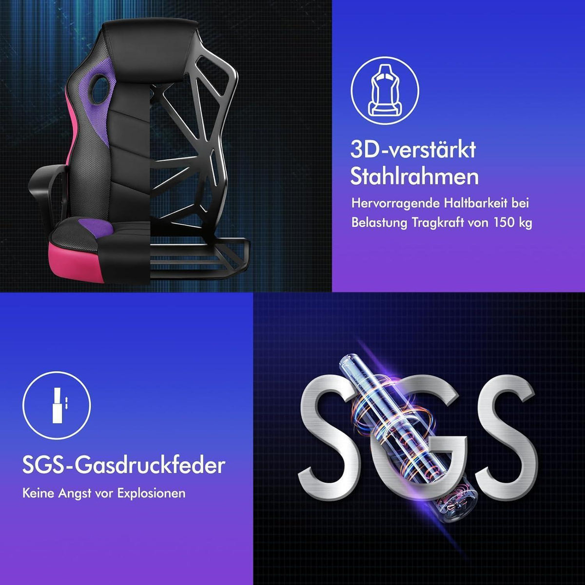 Ergonomischer Gaming-Schreibtischstuhl Lila Mega, 150 kg belastbar