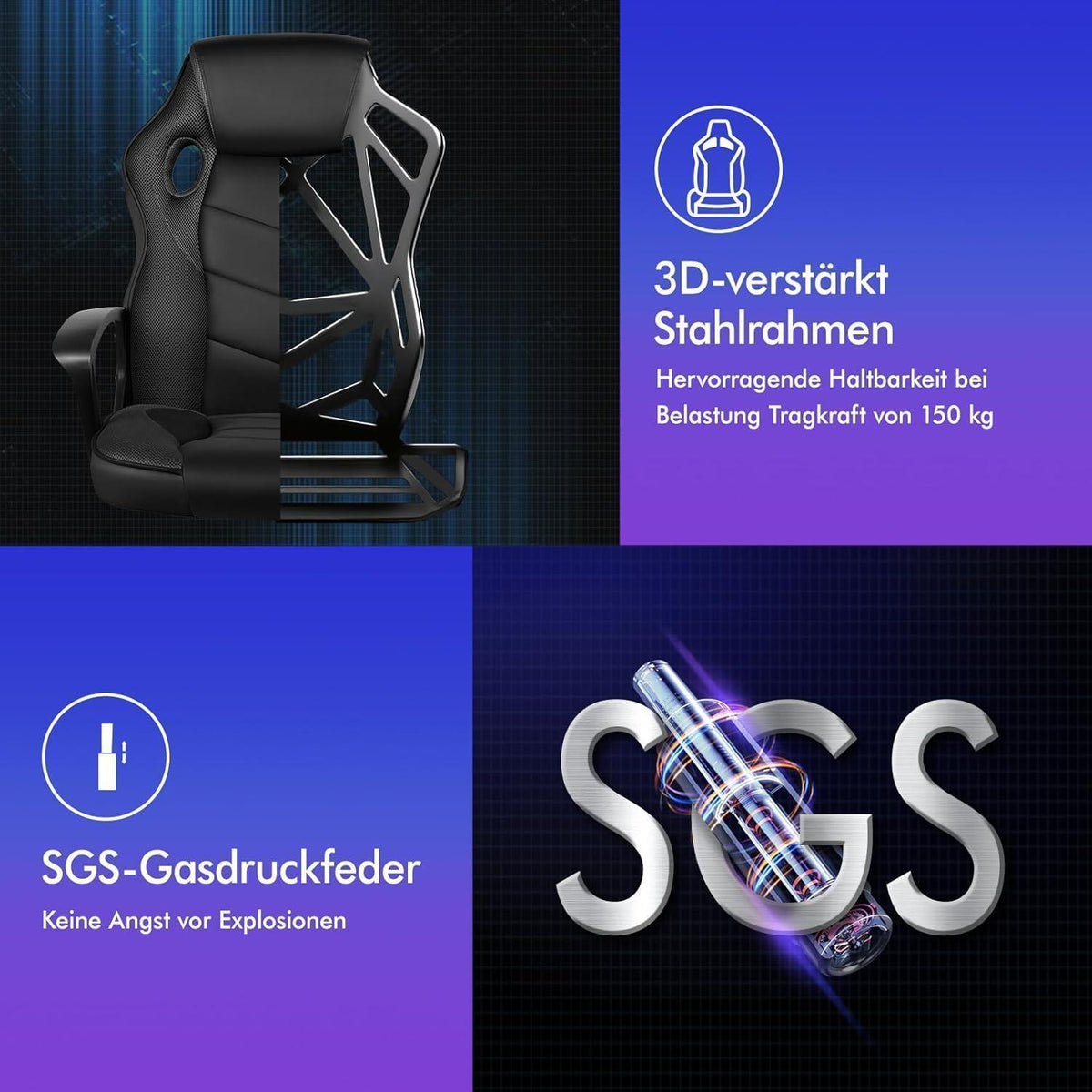 Ergonomischer Gaming-Stuhl mit mittlerer Rückenlehne, Stoff, Schwarz in Lederoptik