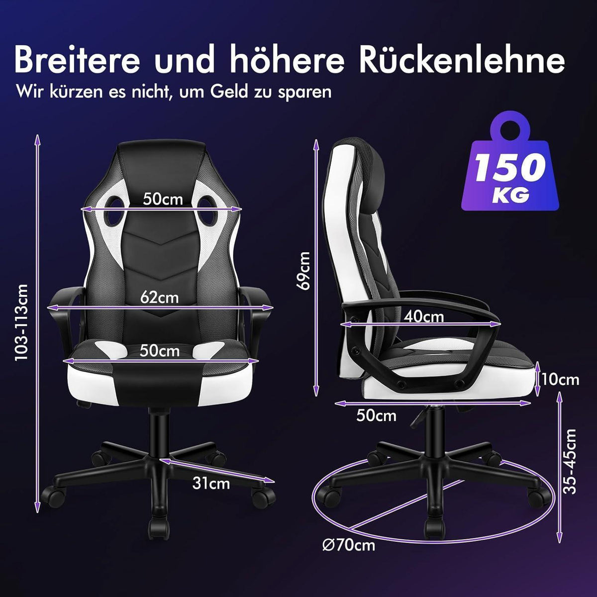 Ergonomischer Gaming-Schreibtischstuhl Weiß Mega, 150 kg belastbar
