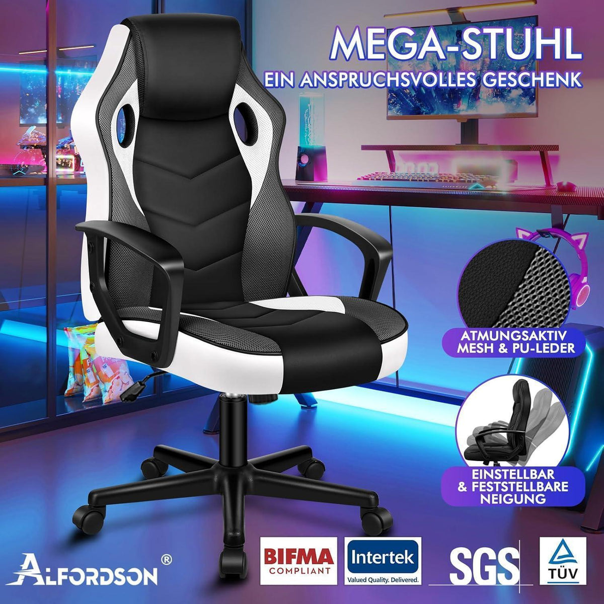 Ergonomischer Gaming-Schreibtischstuhl Weiß Mega, 150 kg belastbar