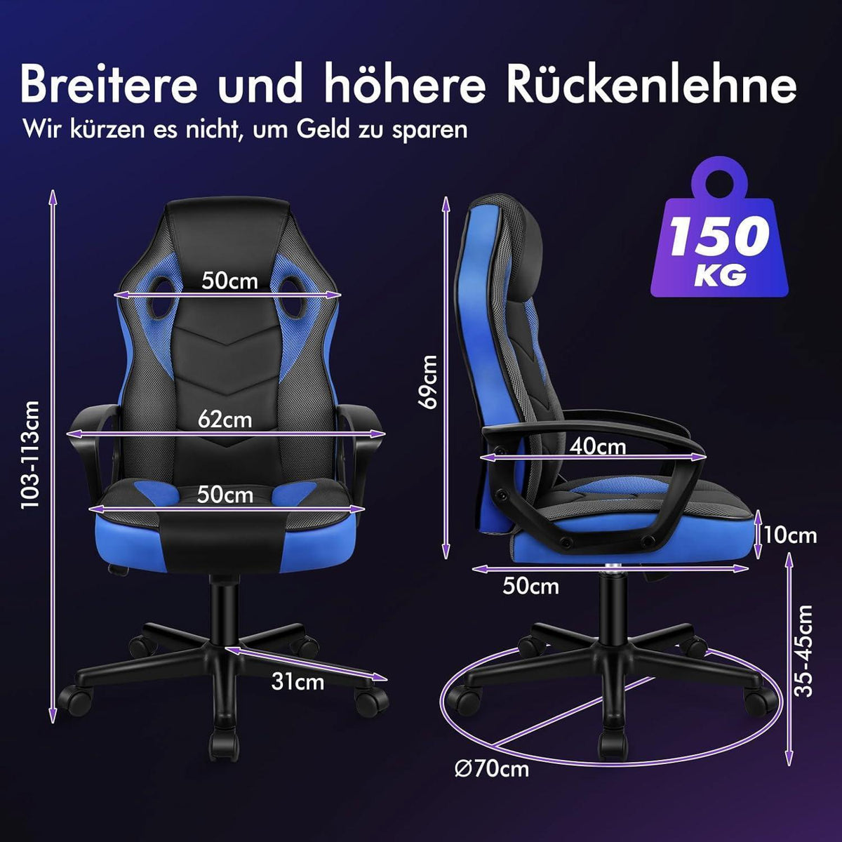 Ergonomischer Gaming-Schreibtischstuhl Blau Mega
