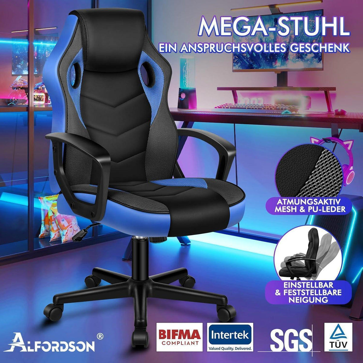 Ergonomischer Gaming-Schreibtischstuhl Blau Mega