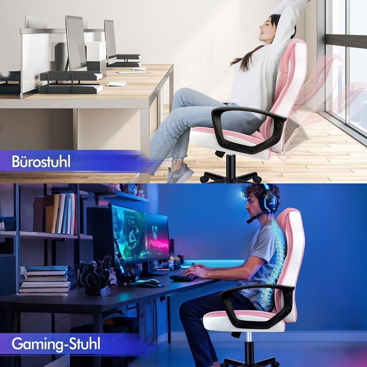 Ergonomischer Gaming-Schreibtischstuhl Rosa Mega, 150kg belastbar