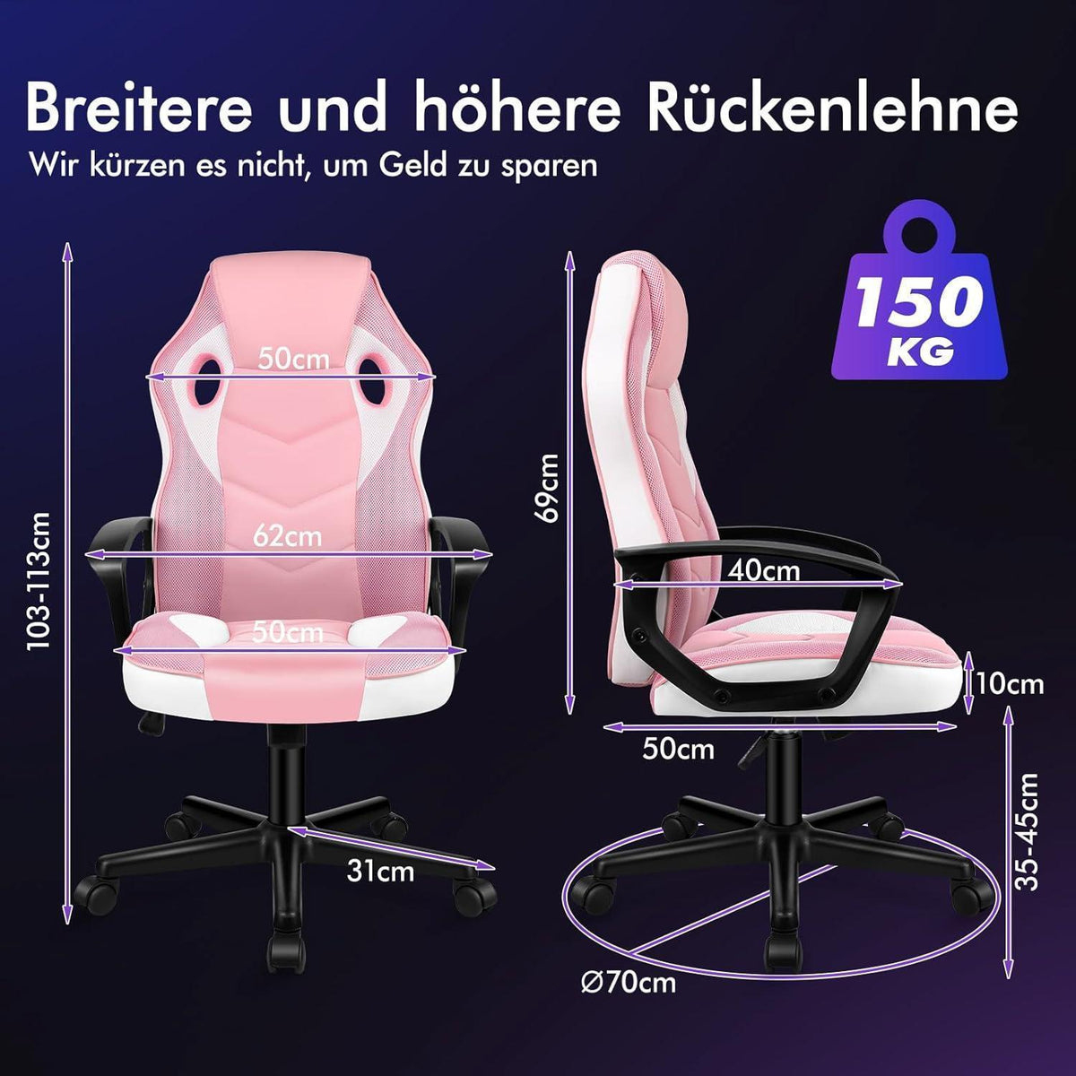 Ergonomischer Gaming-Schreibtischstuhl Rosa Mega, 150kg belastbar