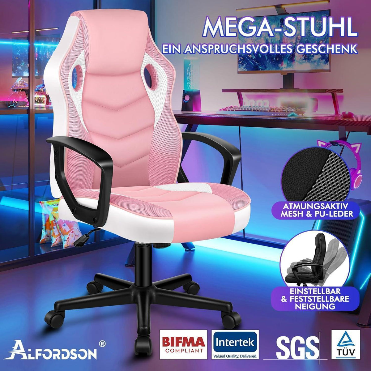 Ergonomischer Gaming-Schreibtischstuhl Rosa Mega, 150kg belastbar