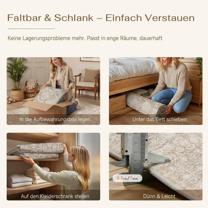 Runder Teppich Beige 120cm – Vintage Kurzflor, Waschbar