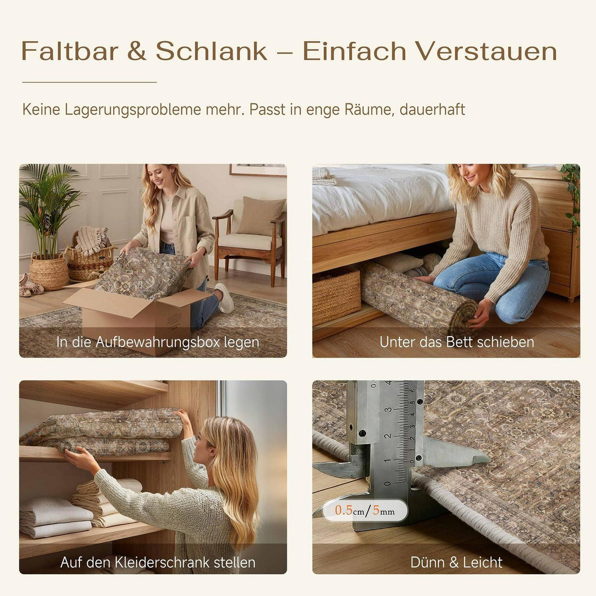 Vintage Teppich Braun 200x300cm Waschbar & Rutschfest
