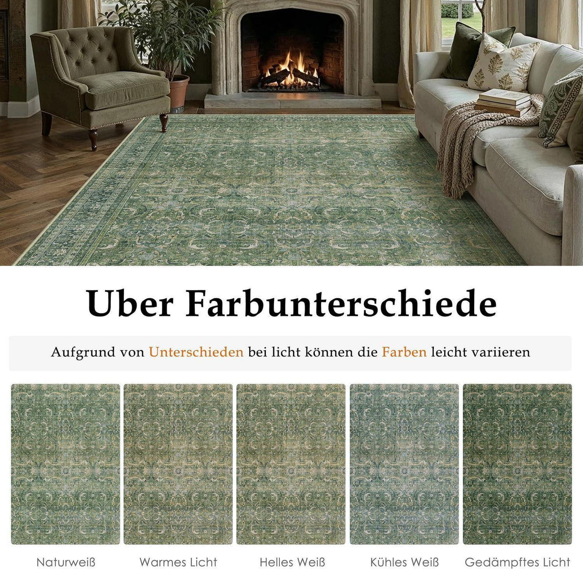 Vintage Grün Teppich 200x300cm Waschbar – Wohnzimmer & Schlafzimmer