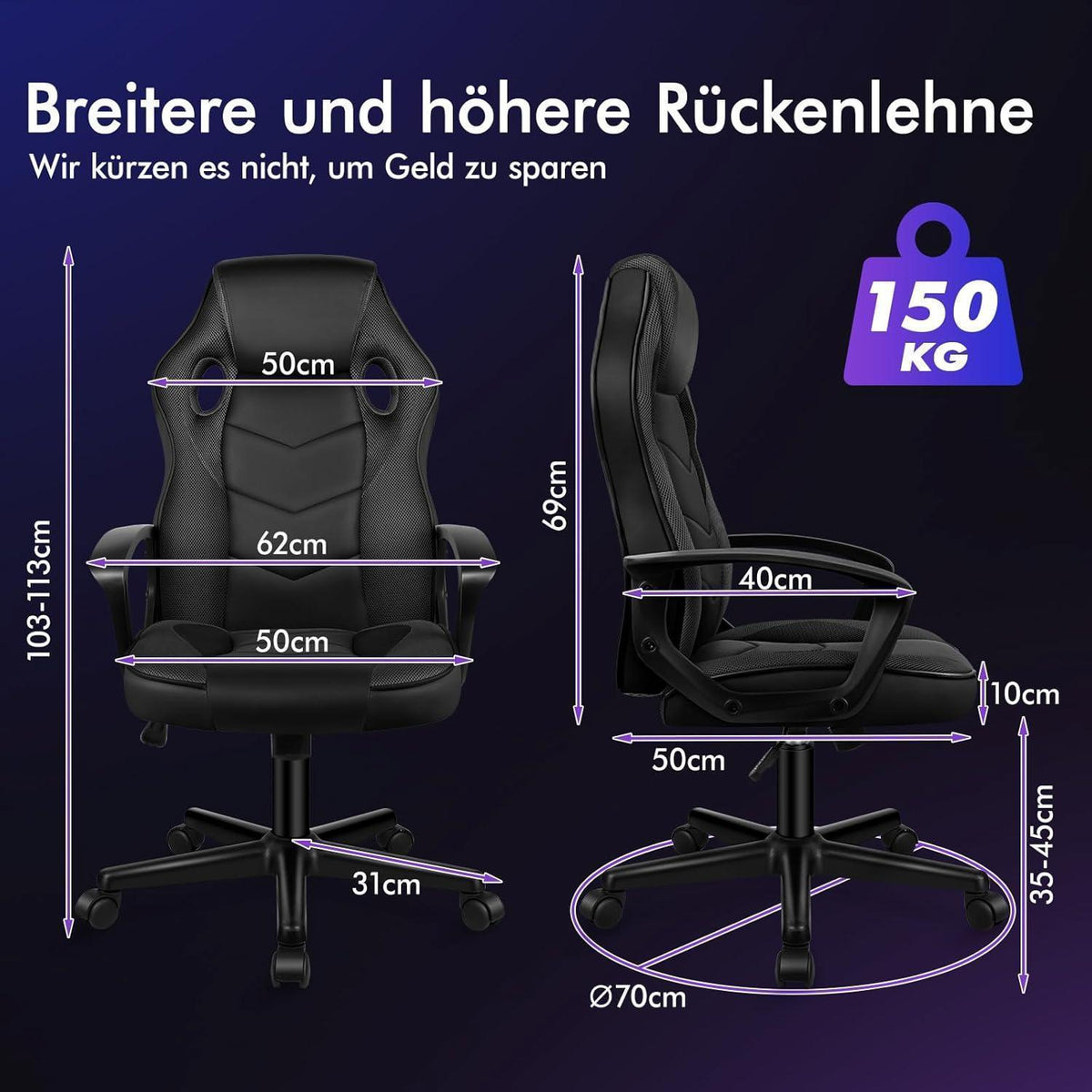 Ergonomischer Gaming-Schreibtischstuhl, höhenverstellbar, 150 kg belastbar