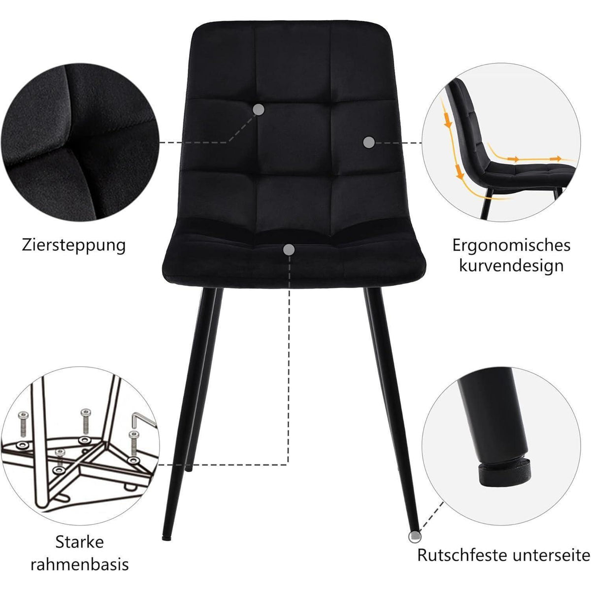 Esstisch Set 117x68cm mit 4 Samtstühlen Schwarz/Gold