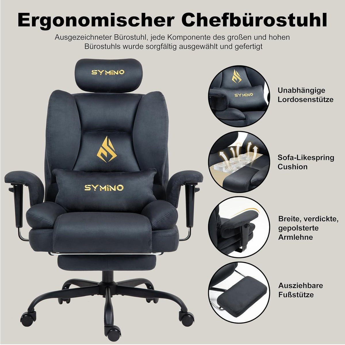 Gaming Stuhl mit Fußstütze, Wildlederimitat, Grau