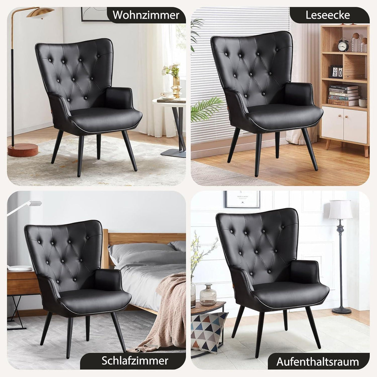 Ohrensessel 2er Set Schwarz – Skandinavischer Wohnzimmer Sessel