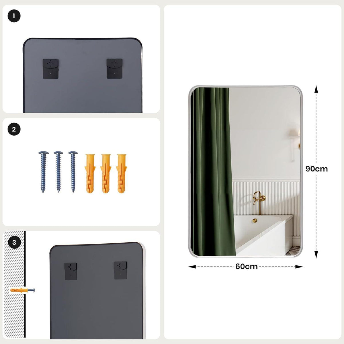 Wandspiegel 60x90 cm – Moderner Badezimmer Spiegel mit Silberrahmen